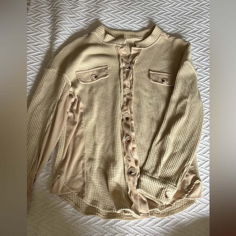 Cream Button-Up Waffle Knit Shirt